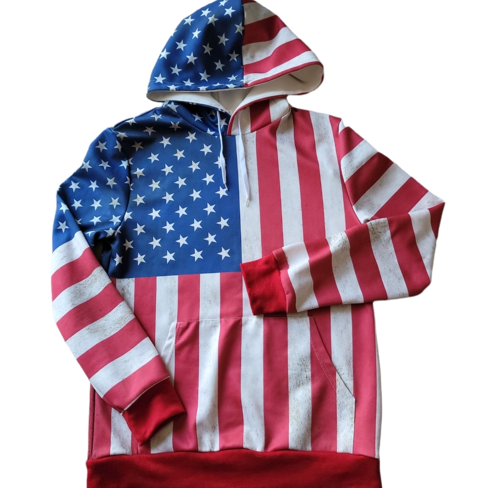 Hooded Sweatshirt Women's Hoodie USA Flag Patriotic Pullover Blue Red Sz L